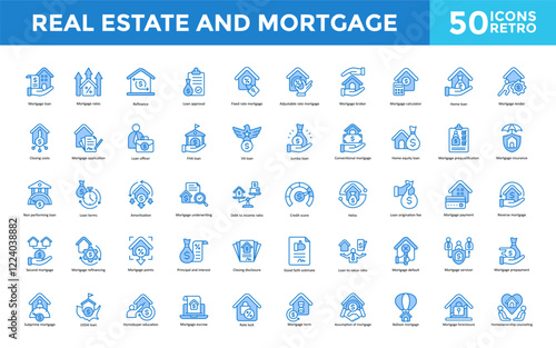 Real estate and mortgage icon set with home buying, property search, house hunting, real estate investment, open house, listing agent, closing process, home inspection icon. Simple retro vector 
