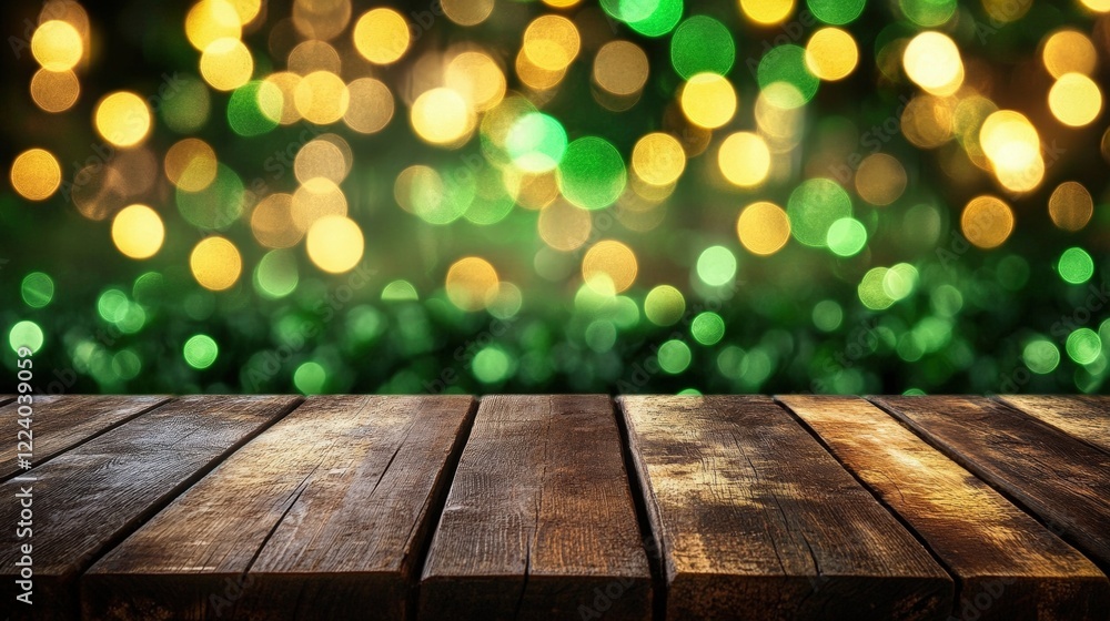 Empty Wooden Tabletop Against a Blurred Bar Background with Bokeh Effect and Green and Yellow Light Spots Creating a Romantic Atmosphere Empty Wooden Tabletop Against a Blurred Bar Background with Bokeh Effect and Green and Yellow Light Spots Creating a Romantic Atmosphere