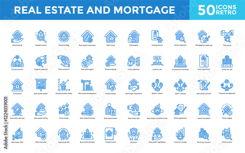 Real estate and mortgage icon set with mortgage loan, mortgage rates, refinance, loan approval, fixed rate mortgage, adjustable rate mortgage, mortgage broker icon. Simple retro vector 
