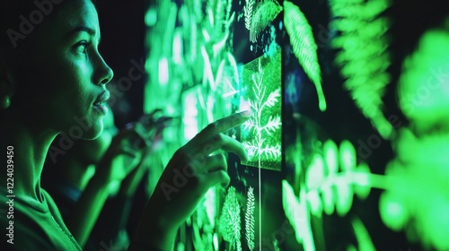 Engaged Woman Interacting with Luminous Nature Display in Modern Art Installation at Creative Exhibition