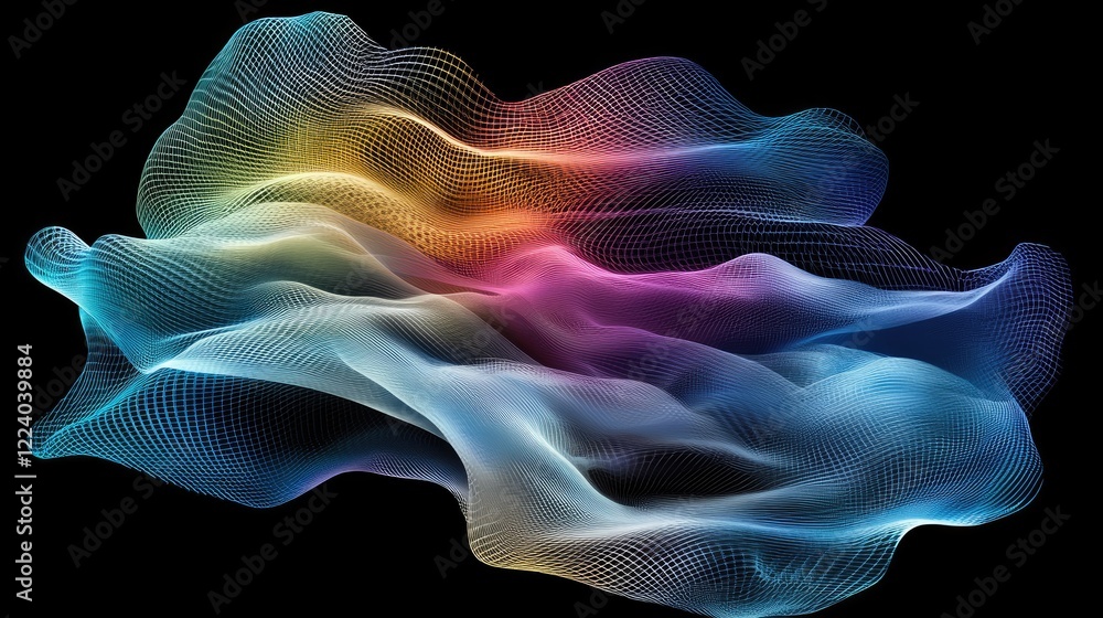 Fototapeta premium Abstract polygonal mesh network in gradient rainbow hues, evoking technology and connectivity themes.