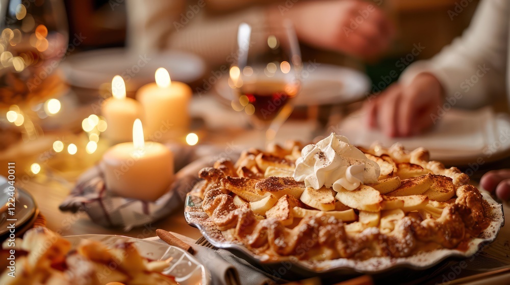 Fototapeta premium A classic American apple pie served at a family dinner table, topped with whipped cream and cinnamon, under warm lighting.