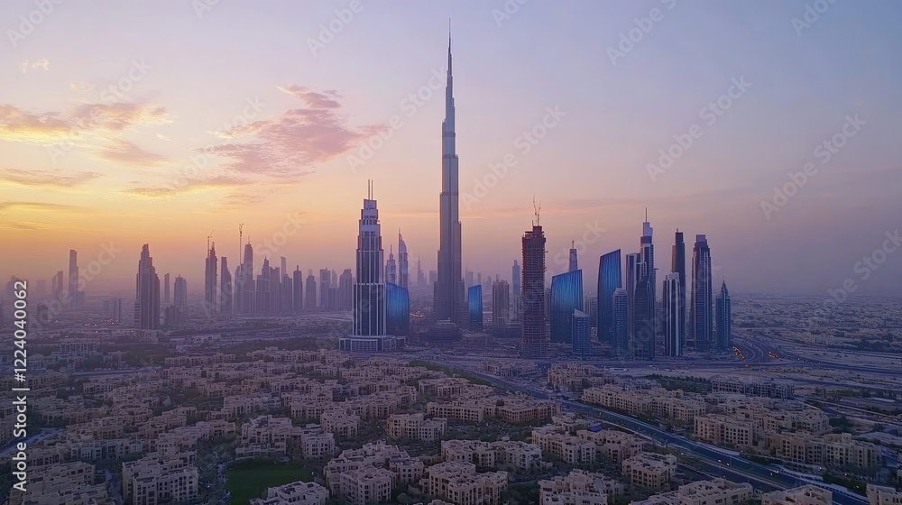 Obraz premium Aerial view of a modern cityscape at sunrise, showcasing skyscrapers and soft orange light illuminating the horizon.