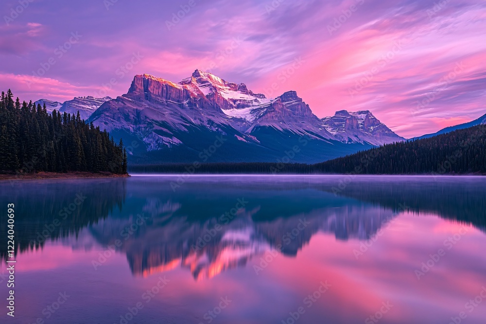 Fototapeta premium Serene mountain landscape at dawn, reflecting vibrant colors in calm lake, surrounded by lush trees