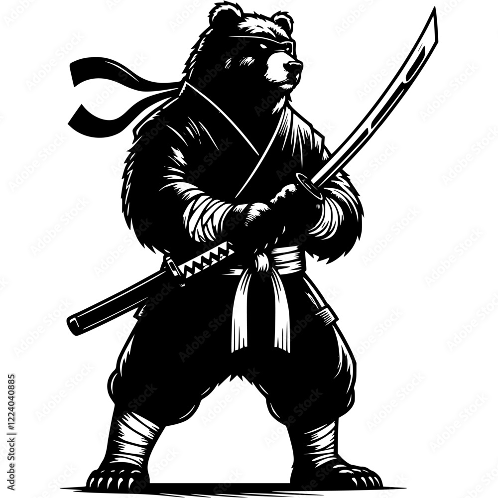 Obraz premium Ninja fighter grizzly armed with katana sword in fighting stance in monochrome. Wild bear animal warrior. Tattoo minimalistic in black ink drawing on white background
