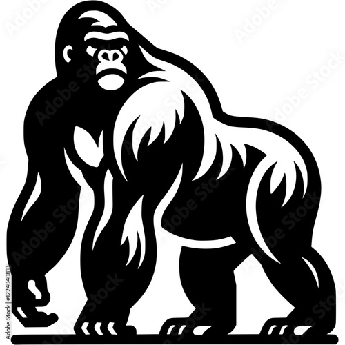 Tattoo of giant gorilla walks looking back in monochrome. Huge strong monkey. Engraving minimalistic vector in black ink drawing on transparent background