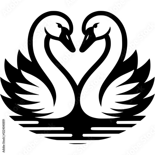 Tattoo of pair of white swans in love in monochrome. Waterfowl in love. Engraving minimalistic vector in black ink drawing on transparent background