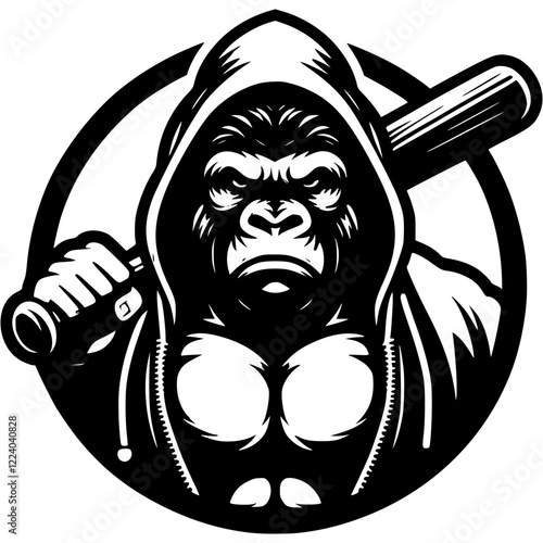 Tattoo of gorilla street gangster in monochrome. Orangutan fighter with baseball bat on shoulder. Engraving minimalistic vector in black ink drawing on transparent background