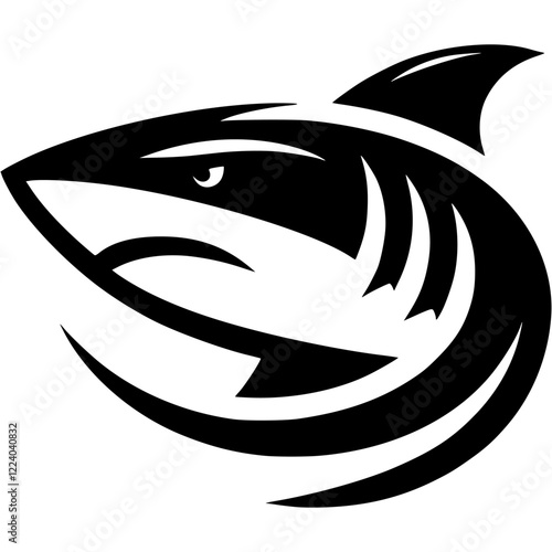 Tattoo of angry shark ready to attack head in monochrome. Wild shark side view. Engraving minimalistic vector in black ink drawing on transparent background