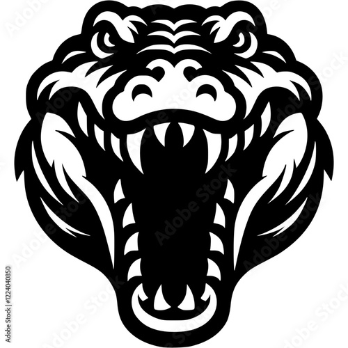 Tattoo of angry roaring crocodile front view head in monochrome. Wild alligator in madness. Engraving minimalistic vector in black ink drawing on transparent background