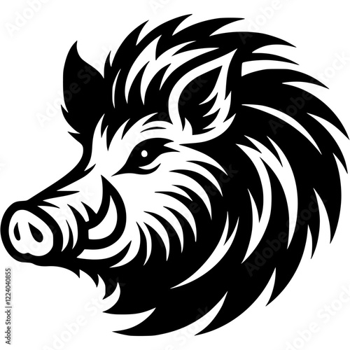 Tattoo of angry forest boar head in monochrome. Wild wild boar side view. Engraving minimalistic vector in black ink drawing on transparent background