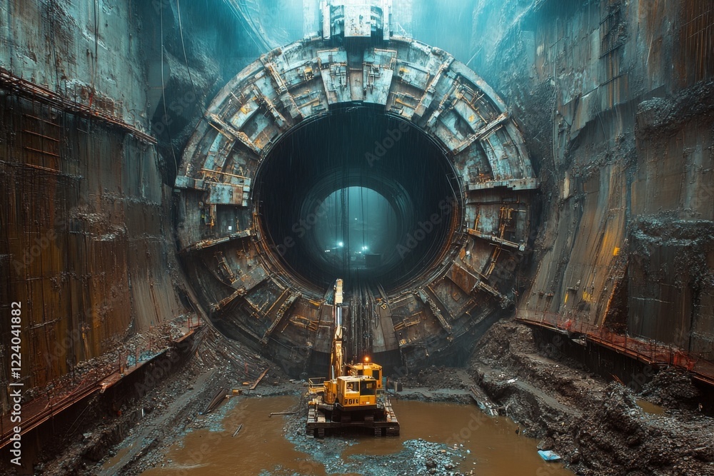 Fototapeta premium Unveiling the Immense Subterranean Subway Tunnel Construction Beneath the Cityscape