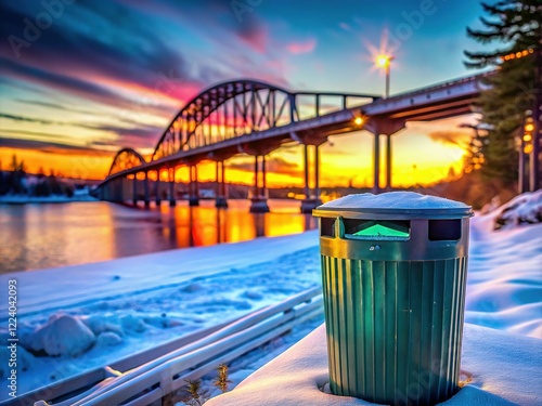 Bridgewater NS Winter Scene: Double Exposure of Recycling Bin & Frosty Bridge photo