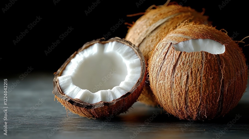 Halved coconut, whole coconuts, dark background, food photography Halved coconut, whole coconuts, dark background, food photography