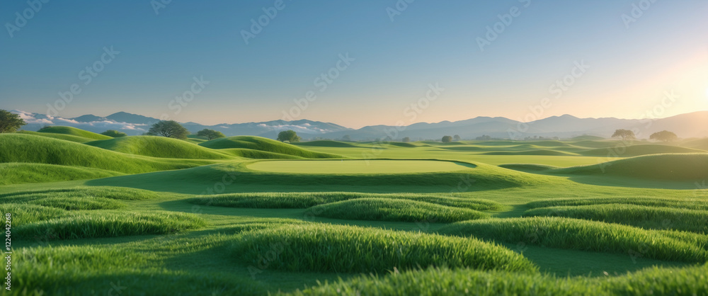 Fototapeta premium Vibrant golf course landscape with lush green grass, rolling hills, and a serene mountain backdrop under soft sunlight.