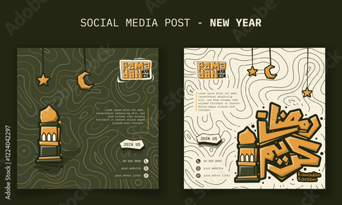 Ramadan kareem. Social media post template of ramadan kareem with arabic typography and lantern