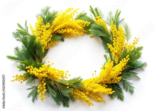 Delicate Mimosa Wreath, Isolated White Background, Spring Floral Arrangement, Copy Space Left photo