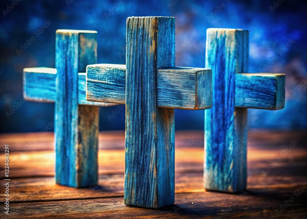 Obraz premium Macro Photography: Three Blue Crosses with Central White Highlight - Spiritual Symbolism