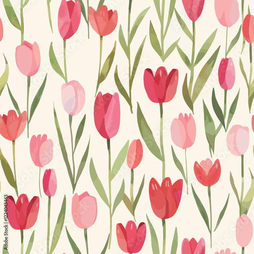Wallpaper Mural Cute tulips in shades of pink and red, with green leaves 
 watercolor floral seamless pattern. Watercolor print in rustic vintage style, textile or wallpapers. Torontodigital.ca