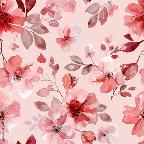 Cute blush pink and burgundy floral watercolor floral seamless pattern. Watercolor print in rustic vintage style, textile or wallpapers.