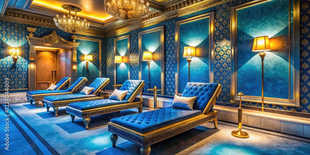 Obraz premium Vintage Luxury Spa Relaxation Room: Blue Gold Loungers, Retro Aesthetic