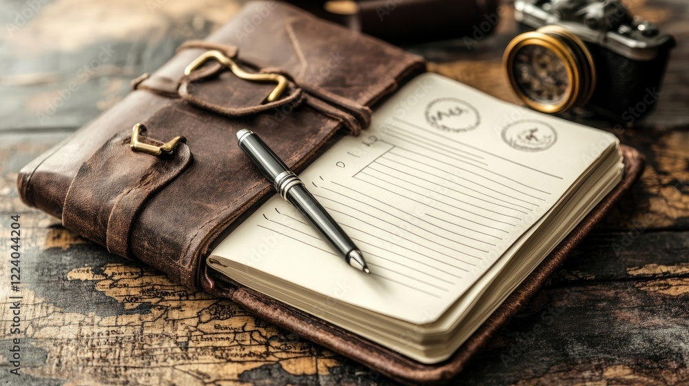 A travel journal with a pen and a blank checklist, ready for writing down future travel goals. A travel journal with a pen and a blank checklist, ready for writing down future travel goals.
