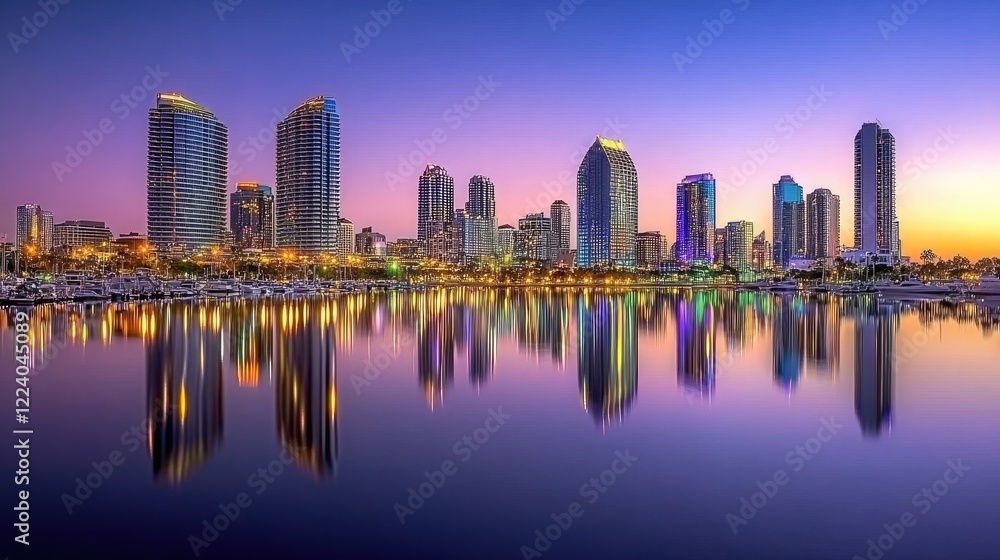 Obraz premium Downtown skyline viewed from a waterfront, with calm waters mirroring city lights.