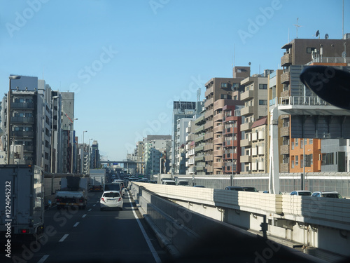 Canvas Print Driving by the highway in Tokyo suburbs residential area