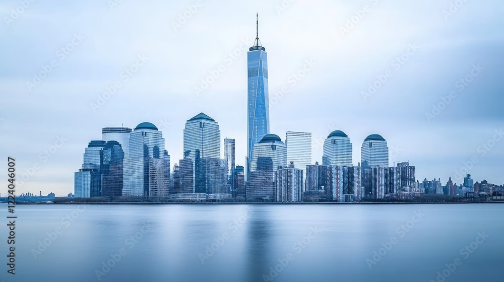 Fototapeta premium Modern skyline with sharp-edged skyscrapers standing tall against a bright, overcast background.