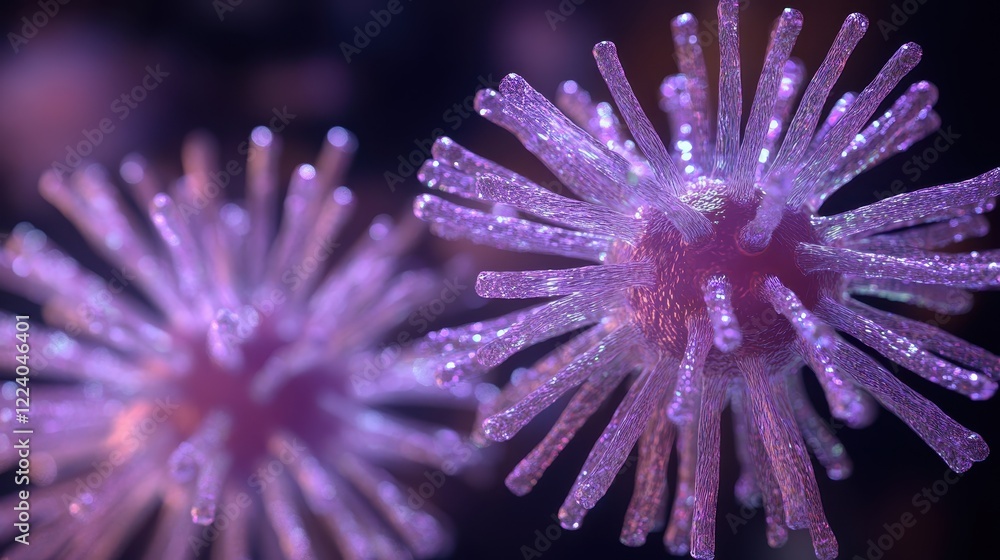3D visualization of a virus particle in close-up, with colorful highlights and intricate surface details displayed against a black backdrop. 3D visualization of a virus particle in close-up, with colorful highlights and intricate surface details displayed against a black backdrop.