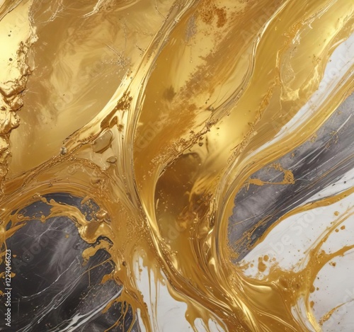 An abstract golden painting on marble that appears to be alive with movement and energy, gold, creative, swirling