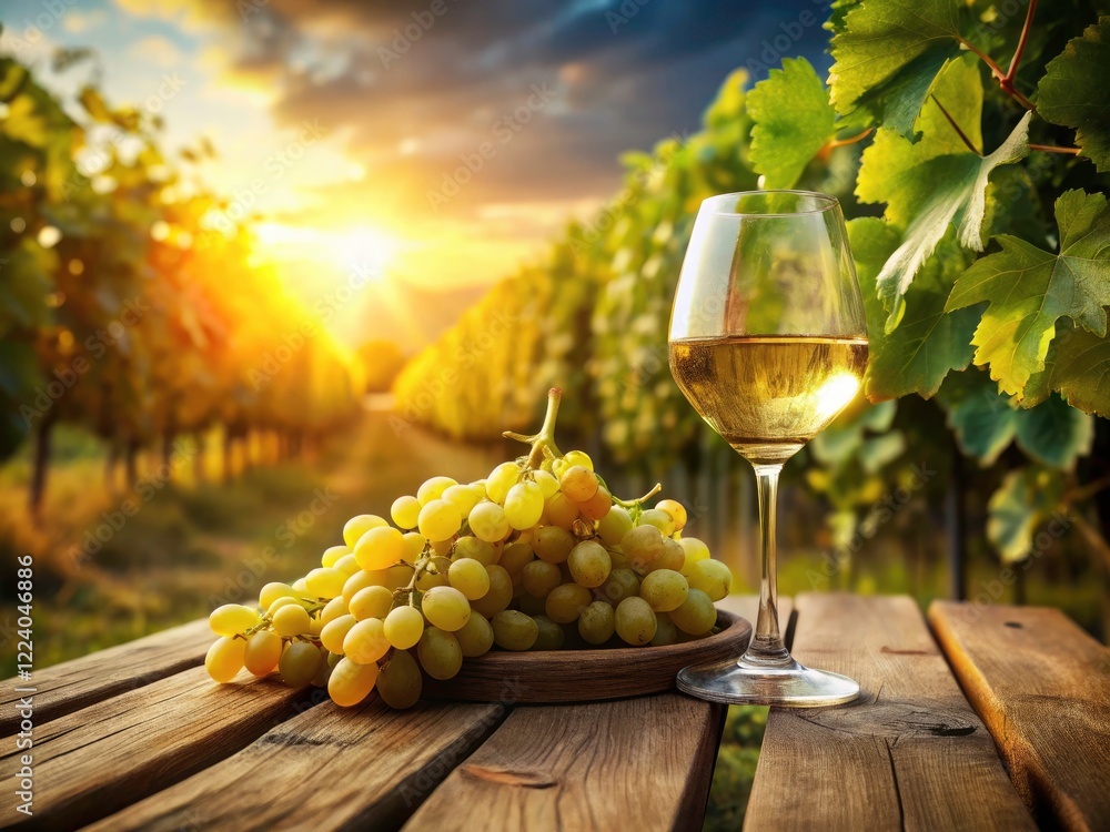Fototapeta premium Winery Landscape: Sunlit Grapes & Wine Glass - Autumn Harvest Photography