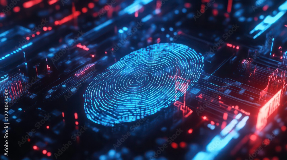 Biometric fingerprint scan illuminated by vibrant blue and red digital circuits, symbolizing secure access and authentication technology. Biometric fingerprint scan illuminated by vibrant blue and red digital circuits, symbolizing secure access and authentication technology.