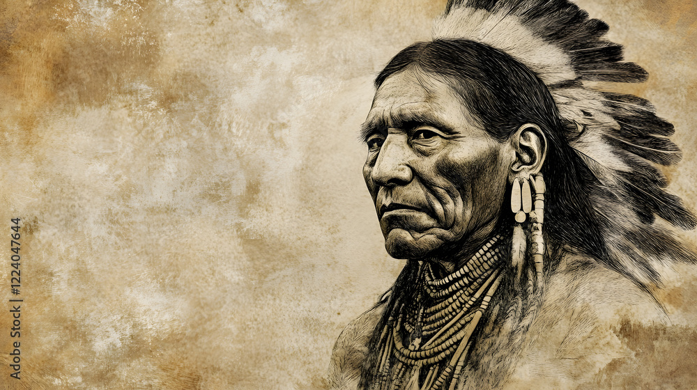 Fototapeta premium Monochromatic Portrait of Native American Man in Traditional Headdress : Generative AI