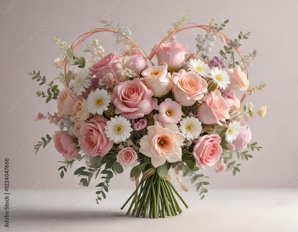 Obraz premium A bouquet of flowers with hearts and ribbons in soft colors, festive, decorations, bouquets