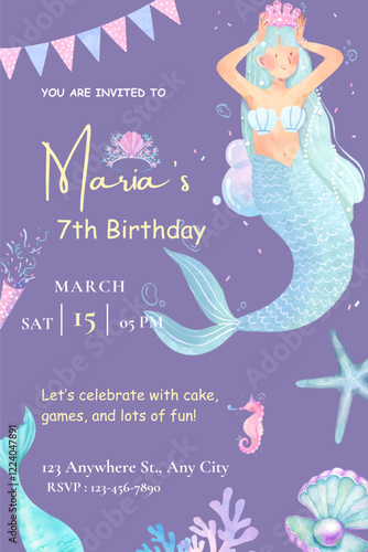 Birthday party invitation template with watercolor mermaid vector illustration. Birthday girl invitation card design.