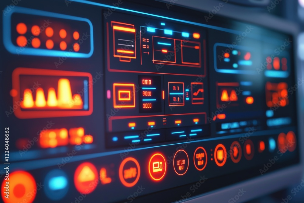 Home Automation Concepts. Futuristic control panel with glowing buttons and graphs. Home Automation Concepts. Futuristic control panel with glowing buttons and graphs.