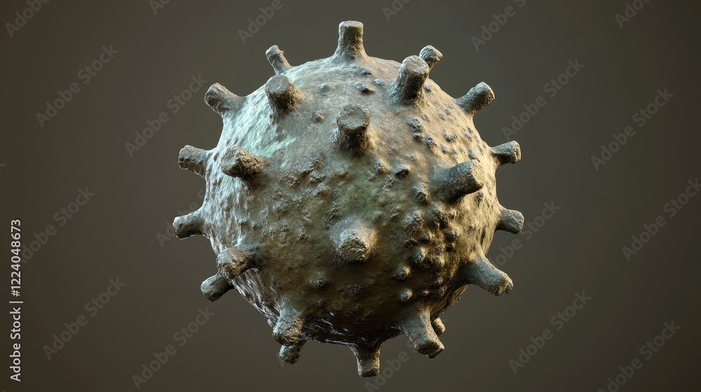 High-resolution 3D model of a virus particle, with detailed textures and realistic rendering of its surface and viral structures. High-resolution 3D model of a virus particle, with detailed textures and realistic rendering of its surface and viral structures.