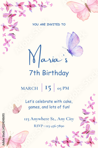 Birthday party invitation template with watercolor butterflies vector illustration. Birthday girl invitation card design.