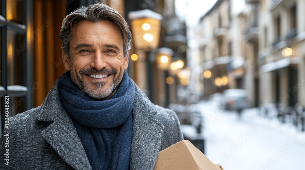 Smiling Man on a Snowy Winter Street Smiling Man on a Snowy Winter Street