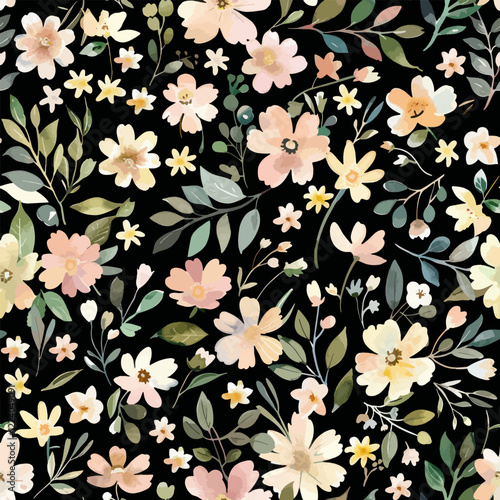 Wallpaper Mural Cute  small flowers and leaves on a black background watercolor floral seamless pattern. Watercolor print in rustic vintage style, textile or wallpapers. Torontodigital.ca
