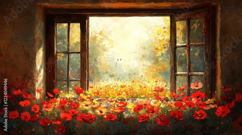 Poppies blooming outside rustic window, sunny day