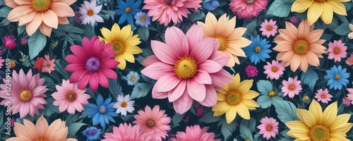 Floral pattern with a burst of colorful painted flowers in shades of pink, blue, and yellow, bright colors , vibrant hues, floral pattern