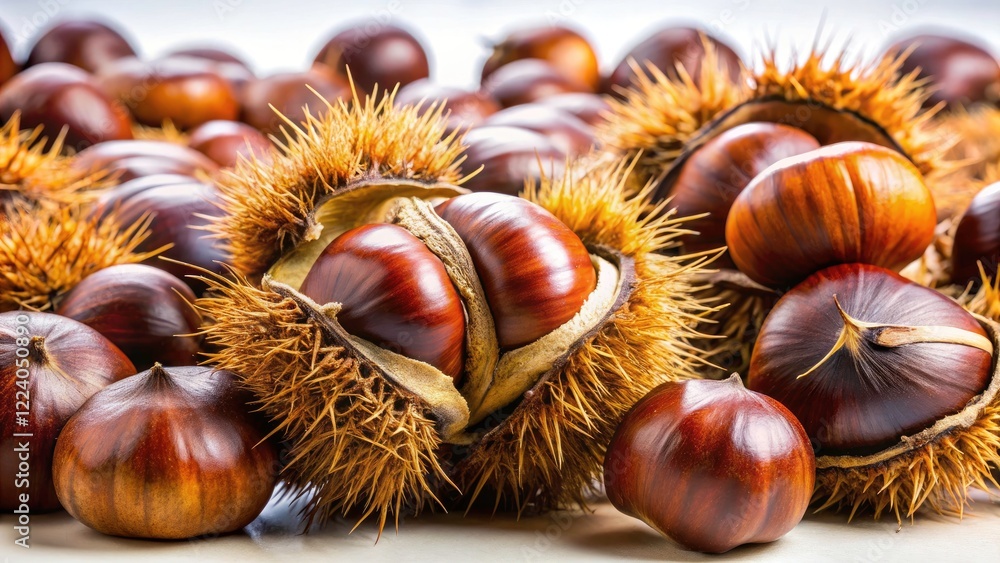 Autumnal Still Life: Mature Chestnuts in Brown Peel, White Background Photography Autumnal Still Life: Mature Chestnuts in Brown Peel, White Background Photography