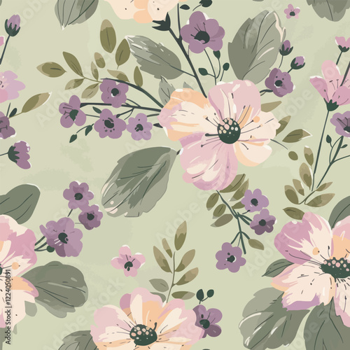 Cute Pastel green vintage floral watercolor floral seamless pattern. Watercolor print in rustic vintage style, textile or wallpapers.