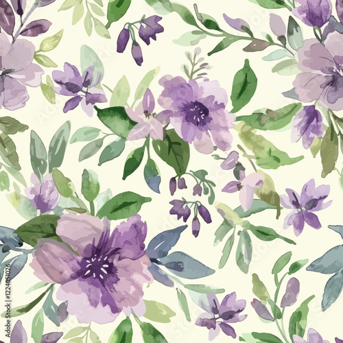 Cute flowers in shades of purple and green watercolor floral seamless pattern. Watercolor print in rustic vintage style, textile or wallpapers.