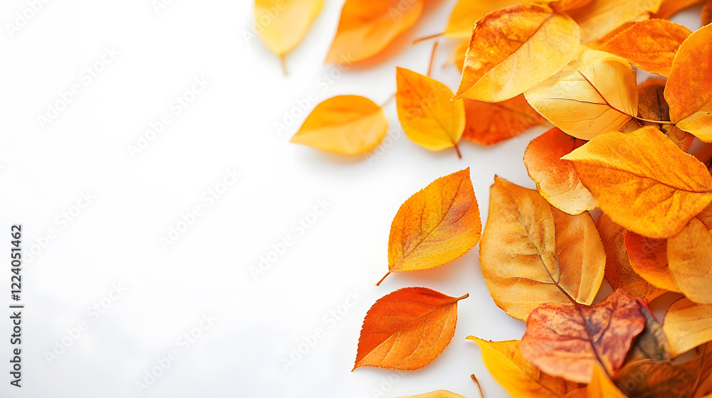 Fototapeta premium Vibrant autumn orange leaves scattered on a white background in seasonal arrangement : Generative AI