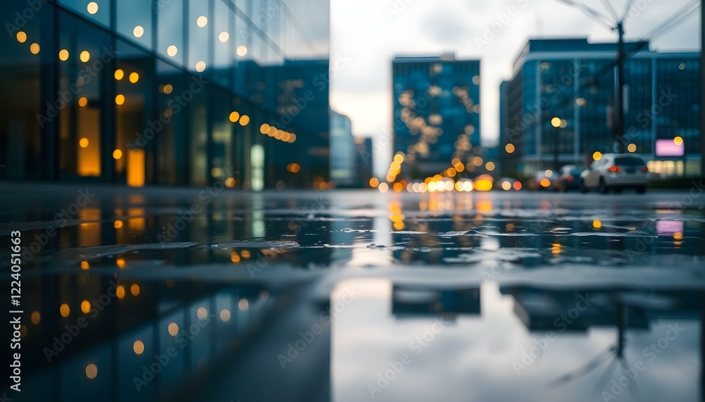 Fototapeta premium City Dusk Reflection: Modern Glass Office Building in Rain Puddle bokeh urban night water 