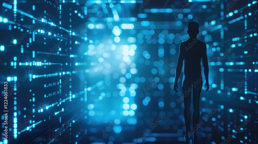 Digital future Silhouette walking through glowing data stream Digital future Silhouette walking through glowing data stream