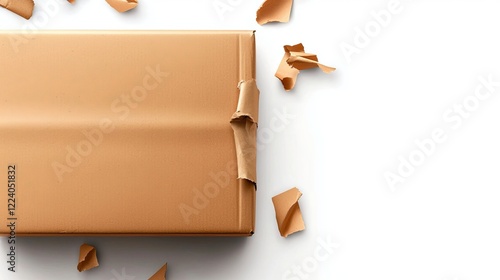 A cardboard box with a torn edge of tape and a weathered shipping label, against a white background, realistic texture, studio photography style photo